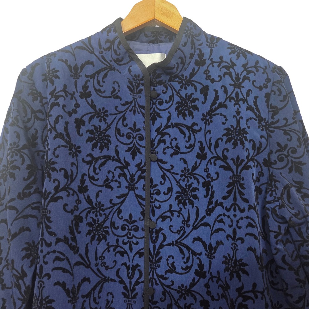 Susan Graver Style Blue Black Damask Flocked Mandarin Collar Jacket Women's L